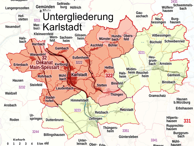 Übersichtskarte: Pastoraler Raum Karlstadt, Untetgliederung Karlstadt
