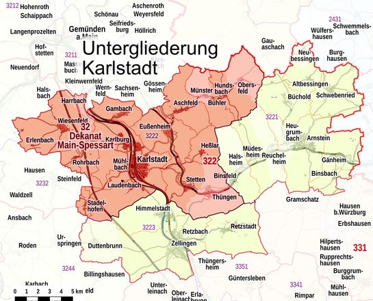 Übersichtskarte: Pastoraler Raum Karlstadt, Untetgliederung Karlstadt