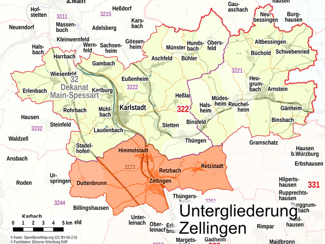 Übersichtskarte: Pastoraler Raum Karlstadt, Untergliederung Zellingen