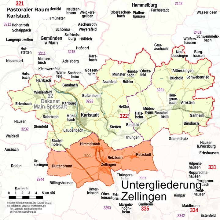 Übersichtskarte: Pastoraler Raum Karlstadt, Untergliederung Zellingen