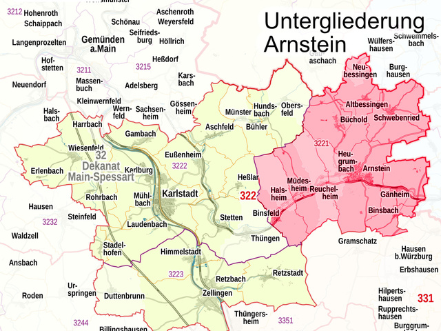 Übersichtskarte: Pastoraler Raum Karlstadt - Untergliederung Arnstein