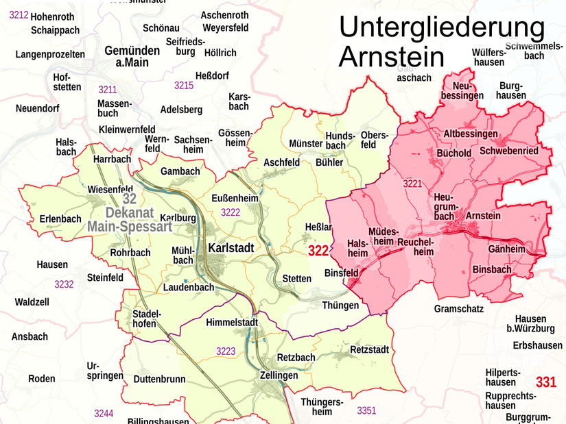 Übersichtskarte: Pastoraler Raum Karlstadt - Untergliederung Arnstein