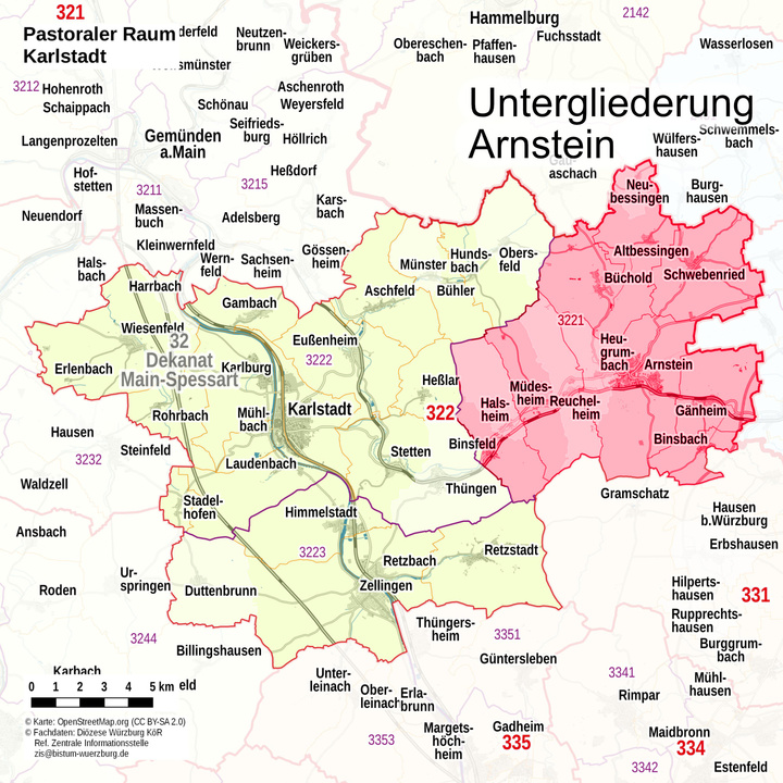 Übersichtskarte: Pastoraler Raum Karlstadt - Untergliederung Arnstein
